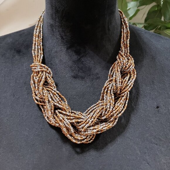 Womens Fashion Multicolor Multi Strand Seed Beaded Braided Statement Necklace - Picture 1 of 6